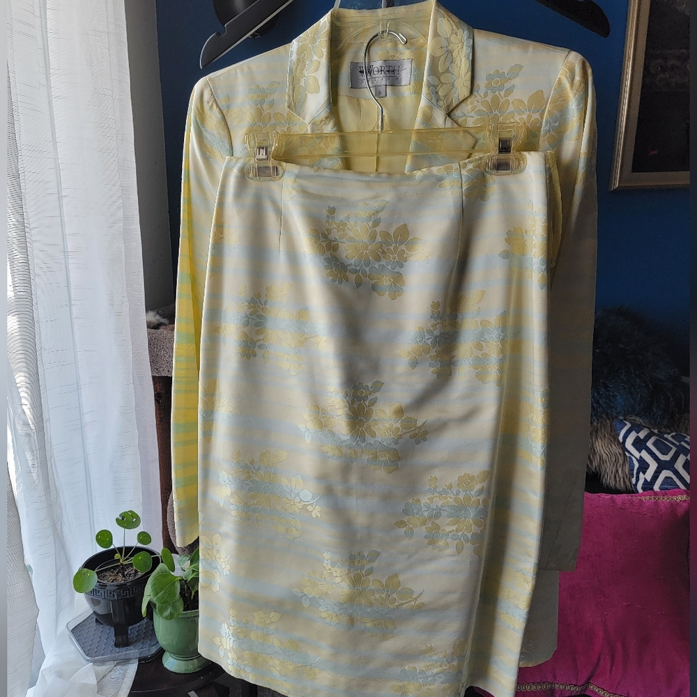 Vintage Worth 8P Skirt Jacket Suit Set Yellow Blue Floral - Picture 7 of 16